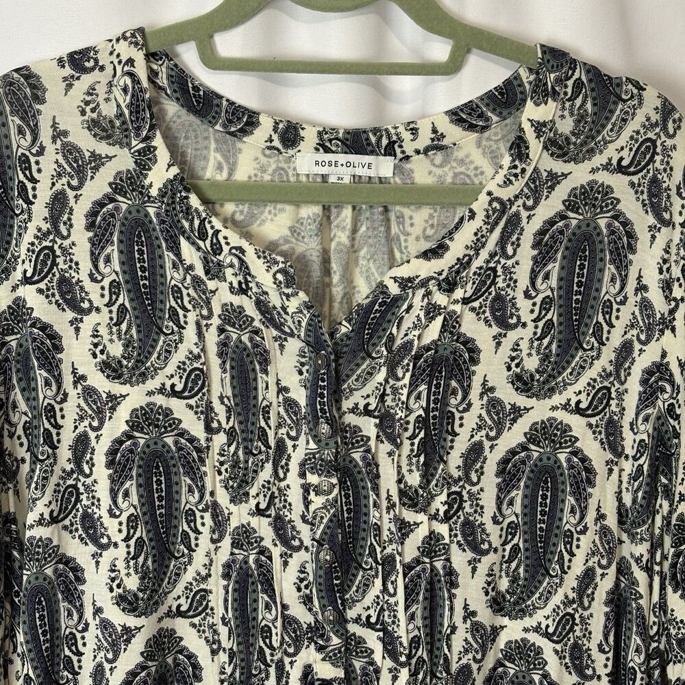 Rose & Olive Pullover Knit Blouse Shirt Cream Blue Paisley All Over 3X Pintuck - Picture 2 of 8